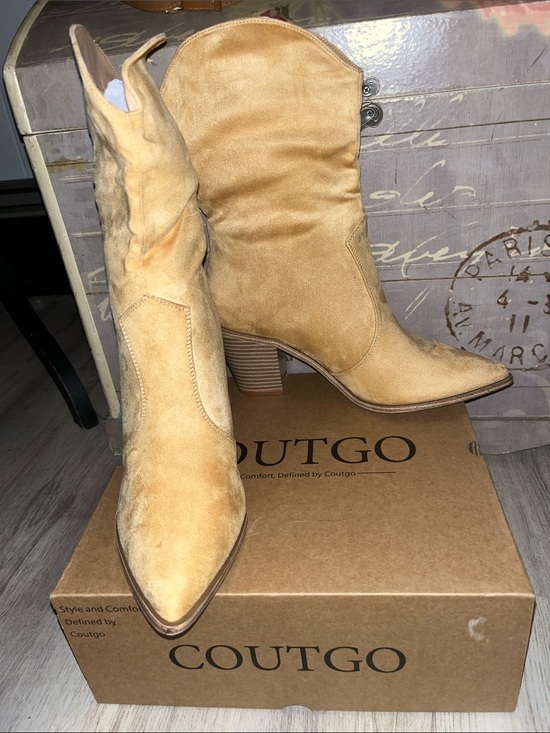 Coutgo Shoes - Coutgo Women's Tan Suede Pointed Toe Western Block Heel Boots